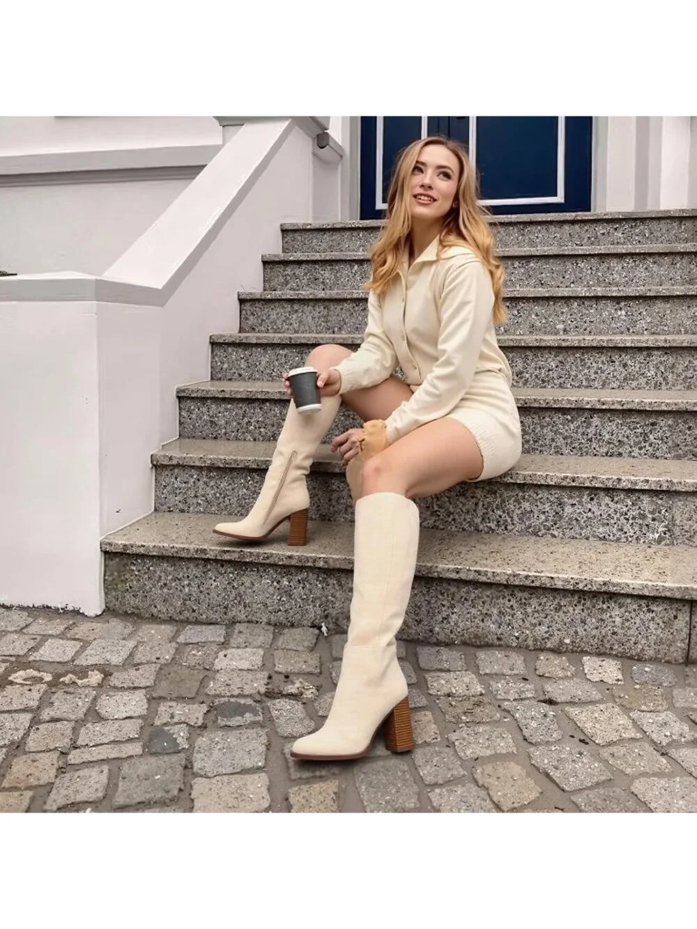 Women's Beige Chunky Heeled Round Toe Faux Suede Side Zipper Knee High Boots